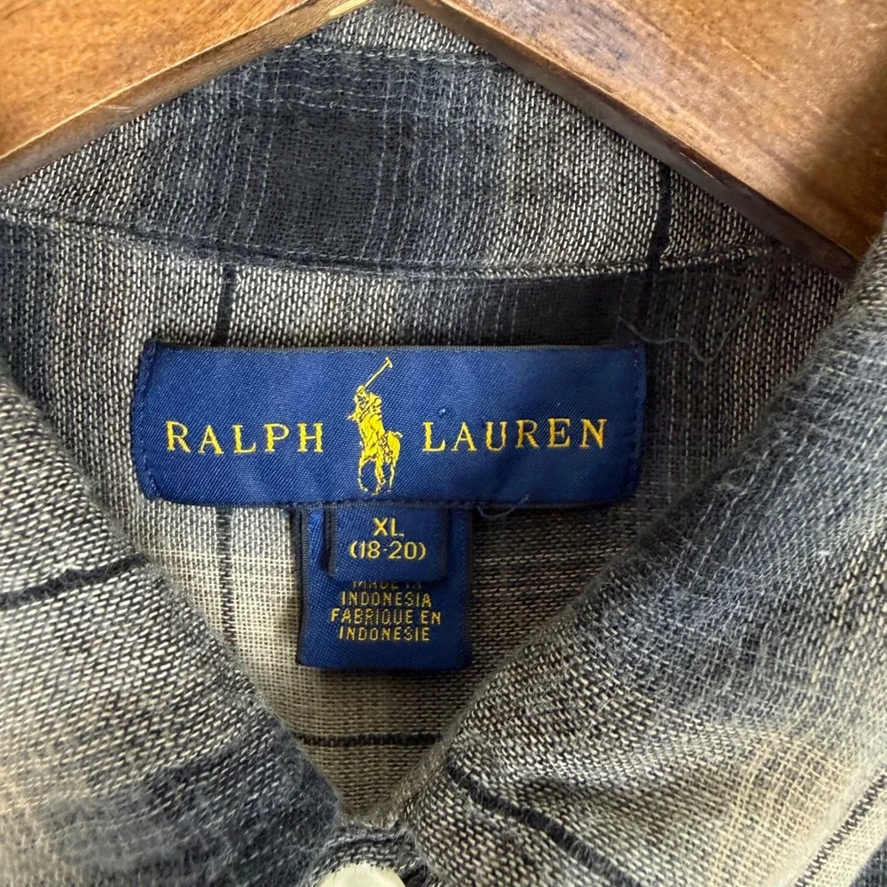 Ralph Lauren Boys XL 18-20 Grey Black Plaid Lightweight Flannel Shirt Pony Logo